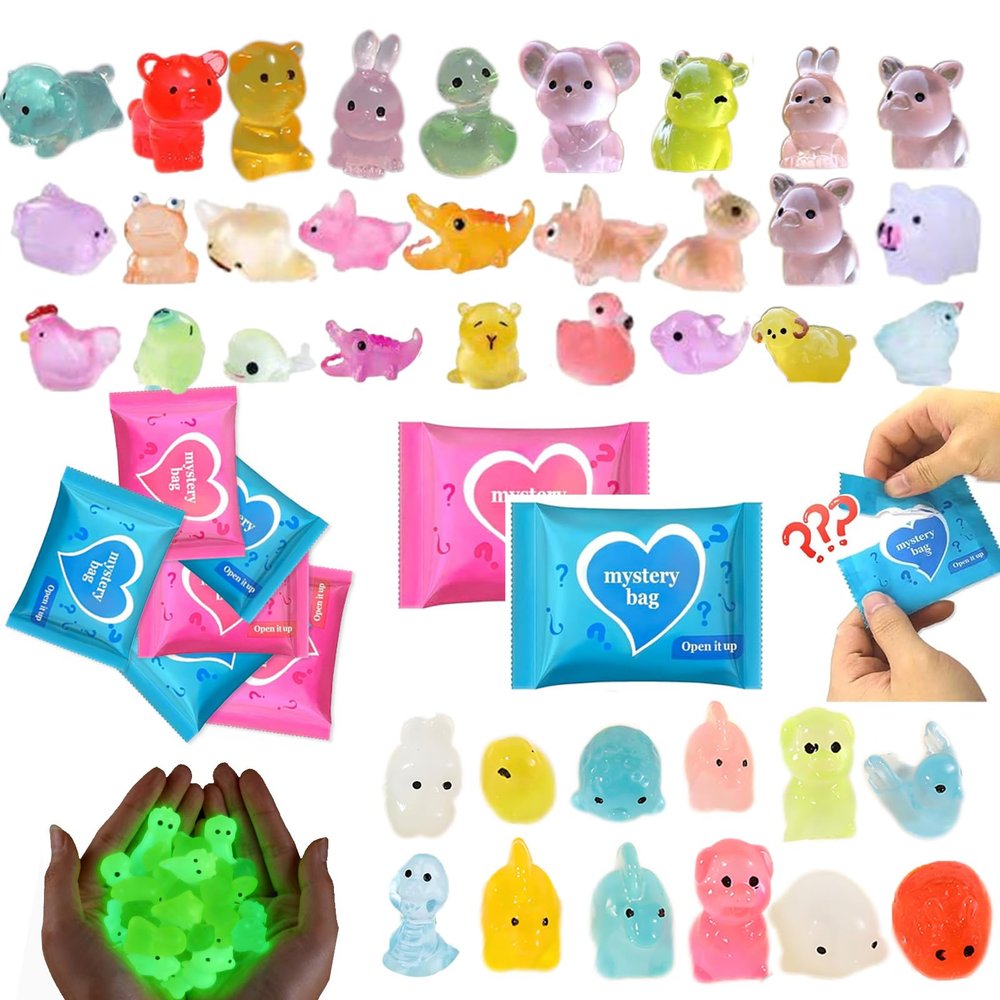 100 Pcs Blind Bags Mini Resin Animals Mystery Bags: Glow in the Dark Party Favors Blind Bag, Resin Figures DIY Crafts Fairy Garden Decor Collectors Stocking Stuffers Kids Surprises