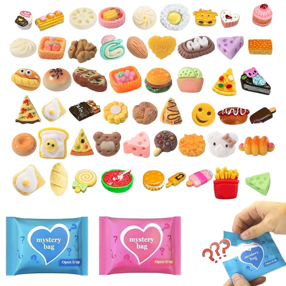 100 Pcs Mystery Food Blind Bags: Mini Resin Food Figures Bulk, Miniature Snacks and Desserts Charms, Mystery Bag Collectible for Fairy Garden, Resin Craft, Cake Dcor Gift Surprises