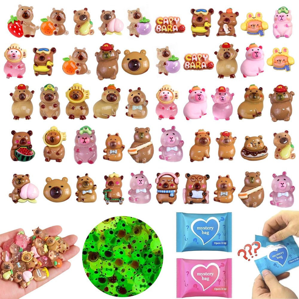 100 Pcs Mini Capybara Blind Bags: Glow and Matte Resin Capybara Figures Bulk Mystery Bag, Mini Figurines for Fairy Garden, Resin Craft, Home Dcor, Collectible Gifts Holiday Surprises