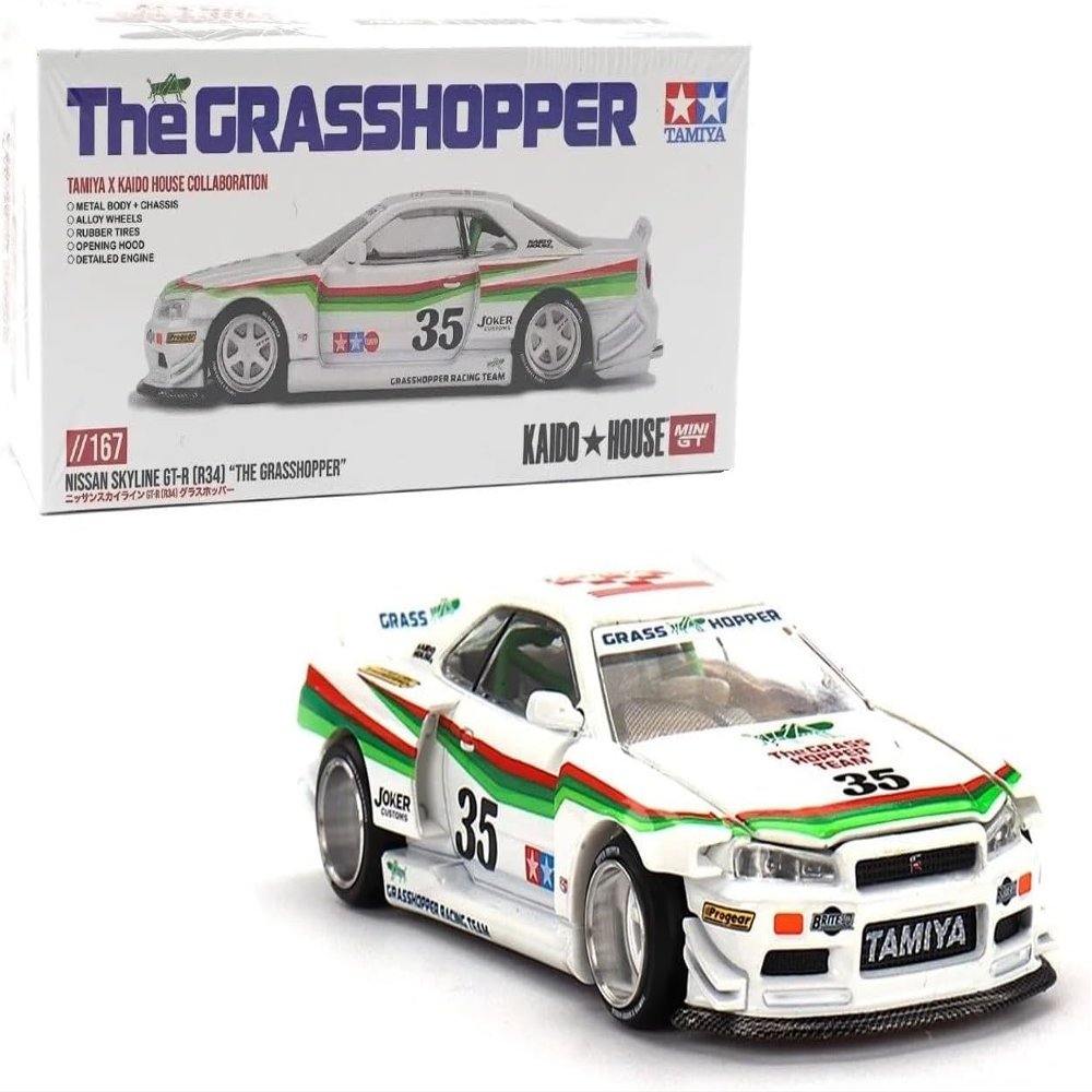1:64 Diecast Model Car Compatible with Nissan Skyline GT-R (R34) Tamiya X Kaido House The Grasshopper V1 White Limited Edition by Kaido House x Mini GT KHMG167