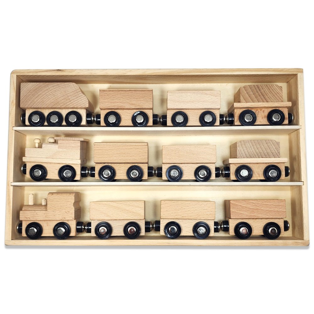 Adventure Awaits! Magnetic Wooden Train Set | 12 Piece Natural Wood Railway Toy with Storage Box | Unpainted
