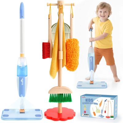 Dreamon Wooden Toddler Cleaning Set - 10Pcs Kids Cleaning Toy Set with Real Working Kids Spray Mop, Montessori Cleaning Toys with Broom and Mop Set for Toddlers Girls Boys Age 3-6