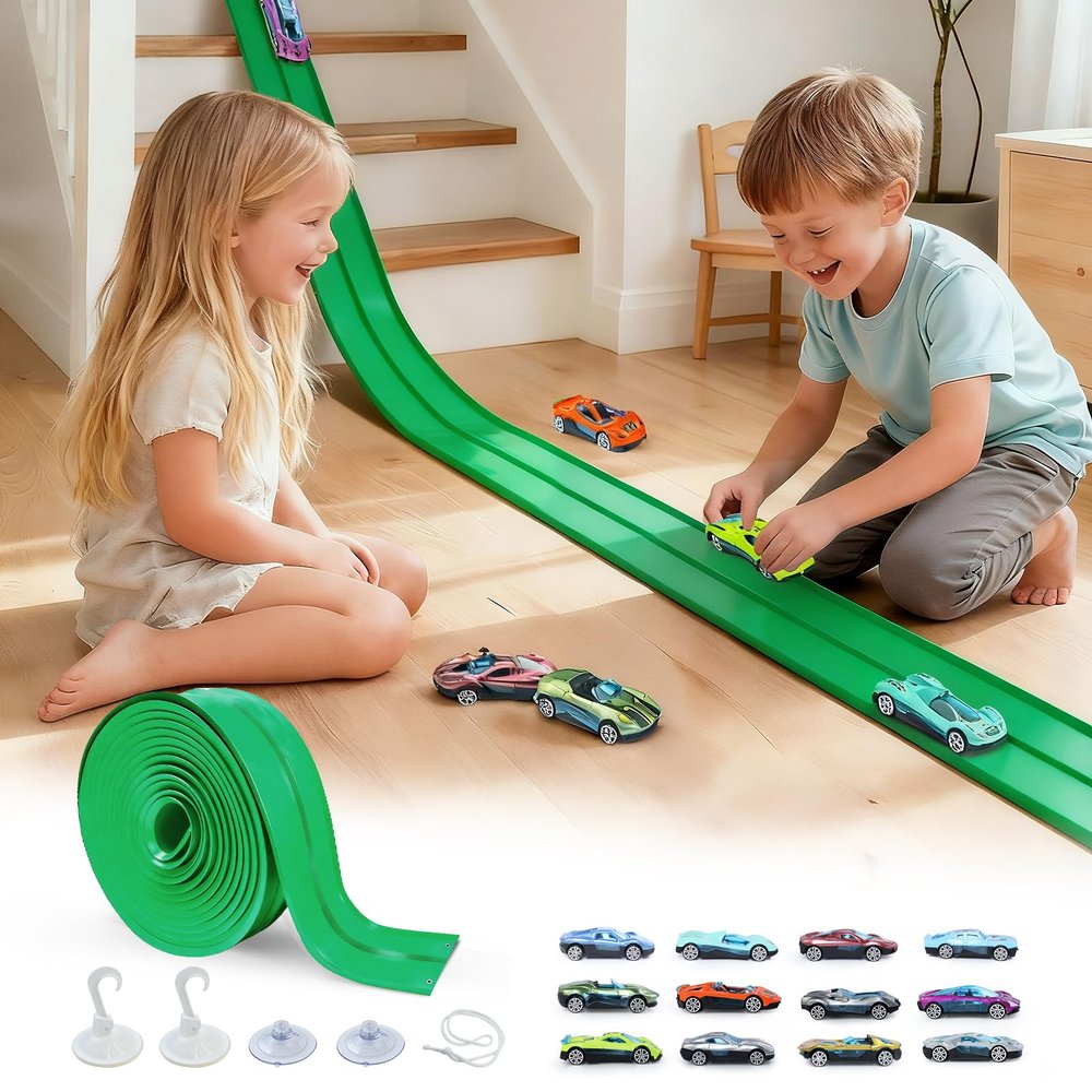 Flexible Race Track for Kids 15ft, FALDAA Toddler Car Tracks Compatible with Hot Wheels 1/64 Scale, Flextrack with 12 Cars and 4 Suction Cups, Portable Toy Car Ramp Sets for 3 Year Old+