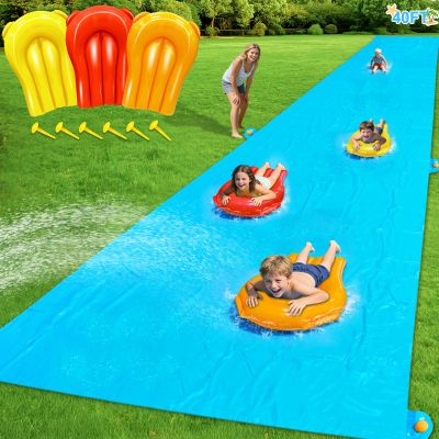 40 * 7Ft Extra Long n Width Slip Water Slide, Heavy Duty Lawn Water Slides and 3 Bodyboards 6 Stakes, Summer Outdoor Water Toys for Kids Teens and Adults Backyard Beach Swimming Pool Party