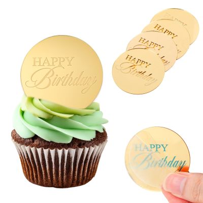 20pcs Gold Happy Birthday Cake Topper, Mirror Acrylic Cupcake Toppers Engraved Birthday Cake Disc Decoration for Party Supplies