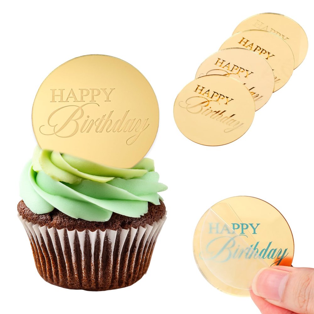 20pcs Gold Happy Birthday Cake Topper, Mirror Acrylic Cupcake Toppers Engraved Birthday Cake Disc Decoration for Party Supplies
