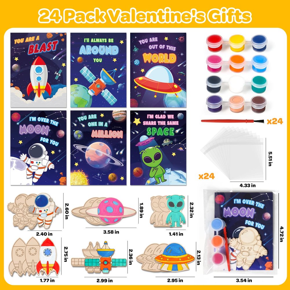 24 Pack Valentines Day Cards for Kids School Classroom with Space Painting DIY Craft Kits, Valentines Day Gifts for Kids Classroom Exchange Valentines Party Favors & Prizes Gifts for Boys Girls