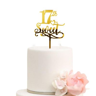 17th Sweet Birthday Cake Topper, Gold Mirrored Acrylic Happy 17th Birthday Cake Decoration, Hello17 Cake Charm Anniversay Party Decoration Supplies