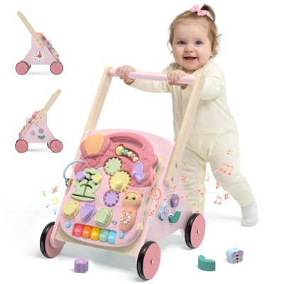 Wiqins Wooden Baby Push Walker, 10-in-1 Baby Walker Toys with Wheels for Toddlers 18 Months, Detachable Montessori Activity Board Toy & Storage for 1 Year Old Boys Girls Learning to Walk