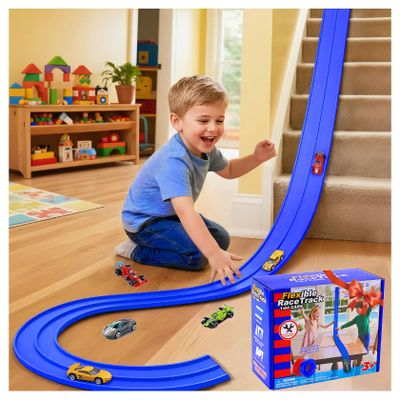 PENIXEL Flex Track 15 Ft Race Car Track for Kids,Flexible Race Track with Small Racecars - Rolls Up DIY Car Tracks with Suction Cups Compatible with Hot Wheels and Diecast 1/64th Cars - Blue