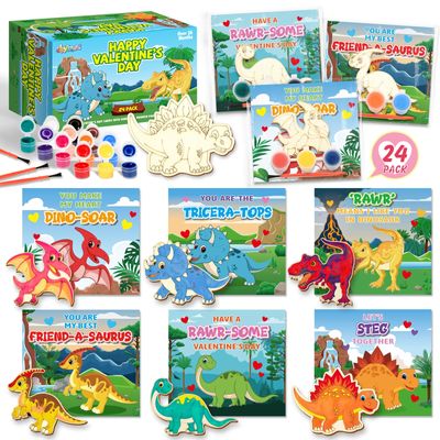 24 Pack Valentines Day Cards for Kids School Classroom with Dinosaur Wood Paint Crafts Set, Valentines Day Gifts for Kids Classroom Exchange Valentines Party Favors & Prizes Gifts for Boys Girls
