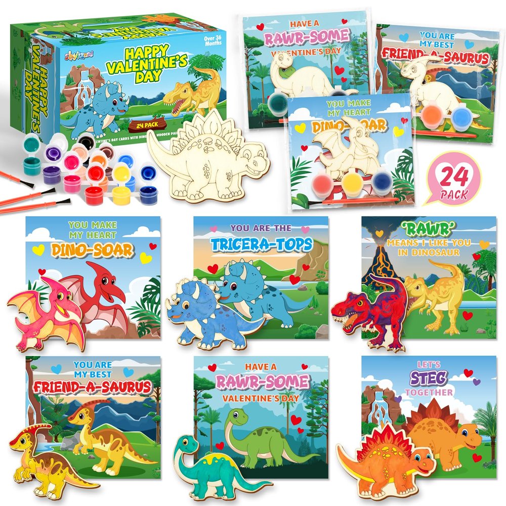 24 Pack Valentines Day Cards for Kids School Classroom with Dinosaur Wood Paint Crafts Set, Valentines Day Gifts for Kids Classroom Exchange Valentines Party Favors & Prizes Gifts for Boys Girls