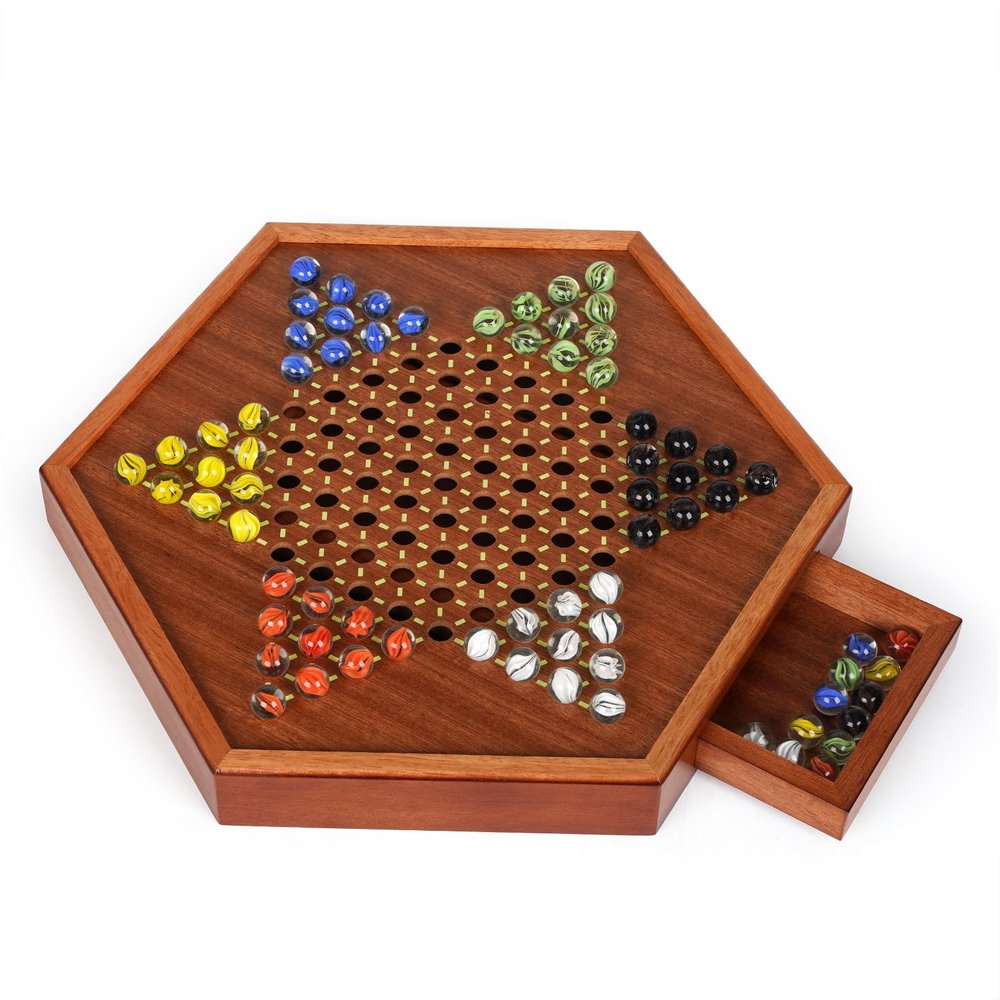 15-Inch Wooden Chinese Checkers Board Game Set  Classic Strategy Game with 72 Glass Marbles, Dual-Sided Storage Drawer, Family Board Games for Adults, Educational Travel and Indoor Game