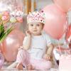 Baby Birthday Girl Crown 100% Natural Fiber Linen Birthday Girl Hand Embroidered hat, Reusable Confetti Dots Party Hat, Girl First Birthday Crown With Wool Balls for Girls Kids Birthday Party Decor view 3