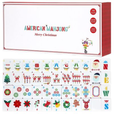 American Mahjong Tile Set(Christmas Theme) with Carrying Bag and Accessories, 160 Acrylic Engraved Mahjong Tiles with Racks with Pushers, Mahjong Tile Set for Family Friends