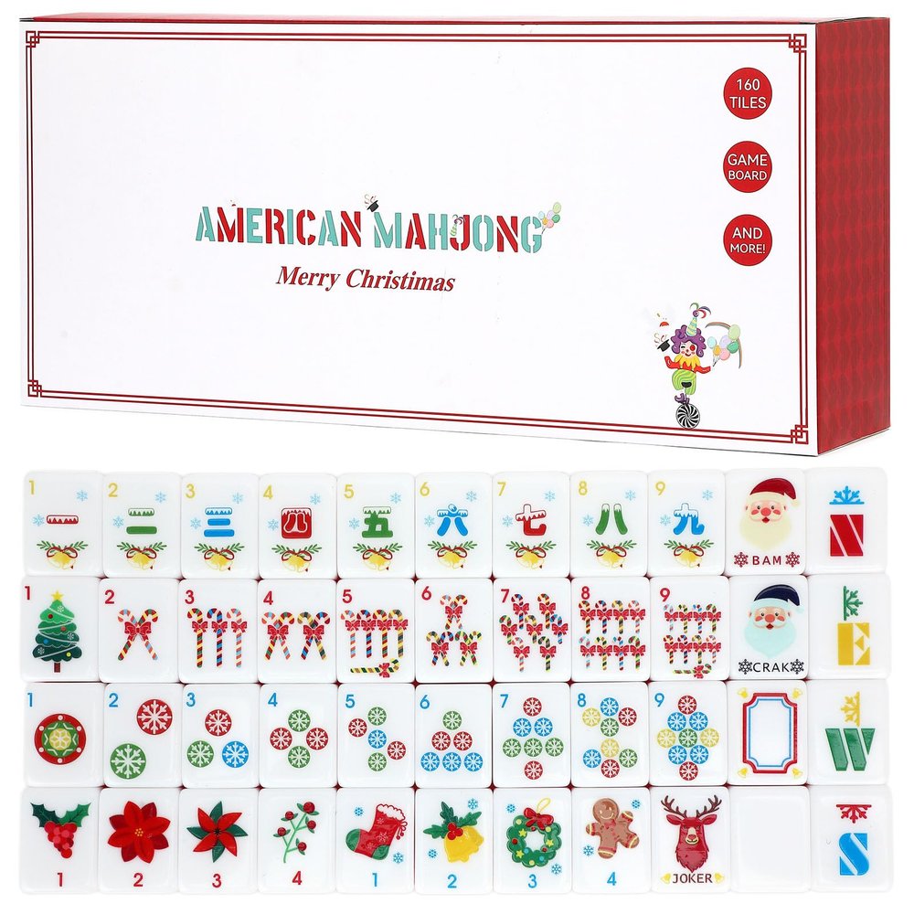 American Mahjong Tile Set(Christmas Theme) with Carrying Bag and Accessories, 160 Acrylic Engraved Mahjong Tiles with Racks with Pushers, Mahjong Tile Set for Family Friends