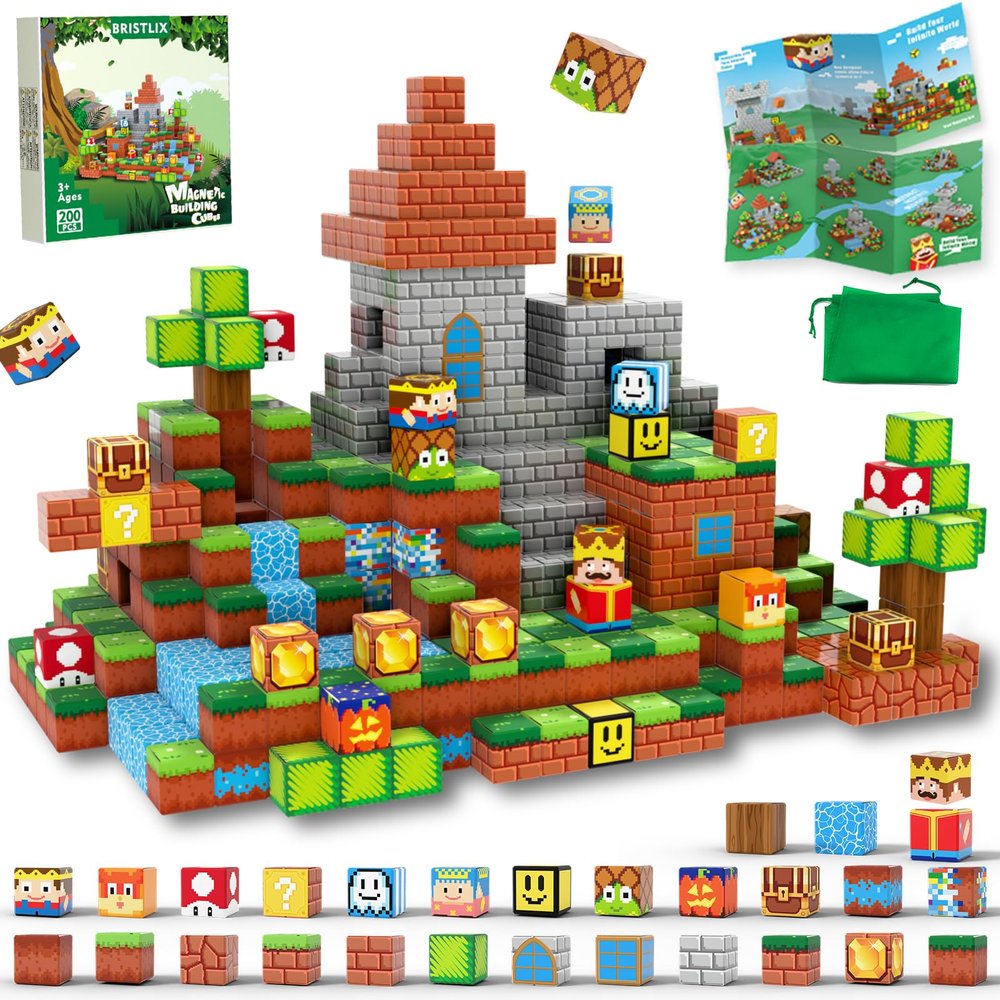 BRISTLIX 200 PCS Magnetic Blocks Magnetic Building Blocks, Magnet Toys for Kids 3+, Multicolor STEM Learning Toys (School/Home), Birthday for Boys & Girls, Strong Magnets Cubes (Castle)