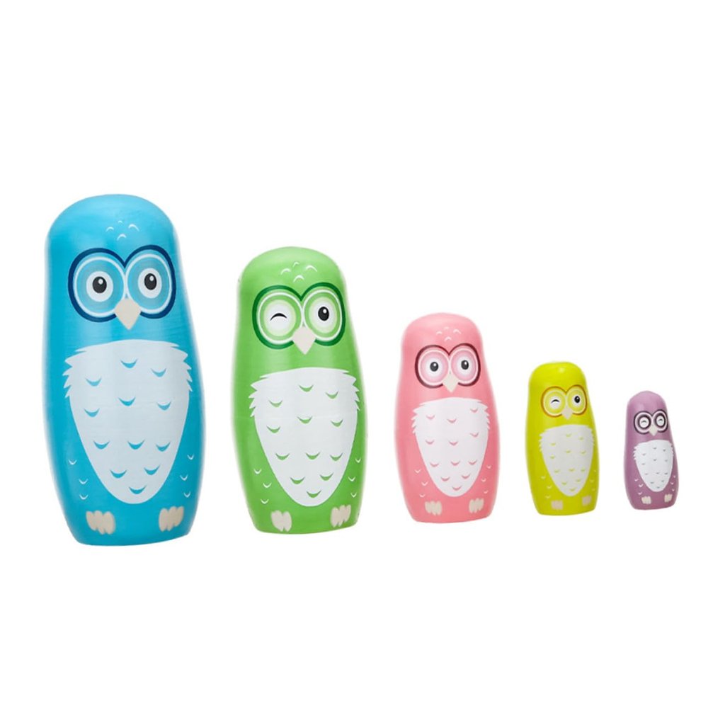 LALADEFIEE 5Pcs Wooden Owl Pattern Russian Nesting Dolls Matryoshka for Bright Animal Stacking Safe Educational Decor