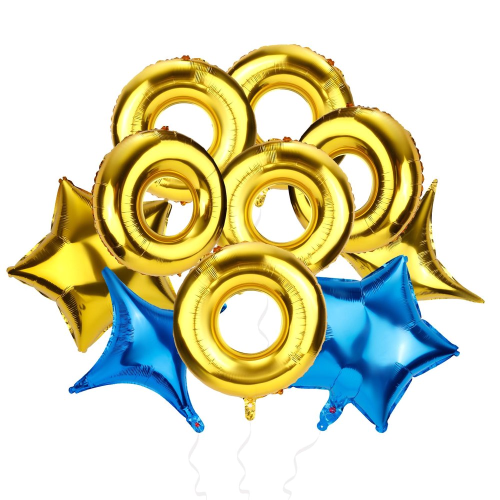10pcs Gold Blue Cartoon Foil Balloons Kit, Ring Four Pointed Star Five Pointed Star Balloons Gold Ring Cartoon Theme Party Decor for Birthday Carnival Decorations
