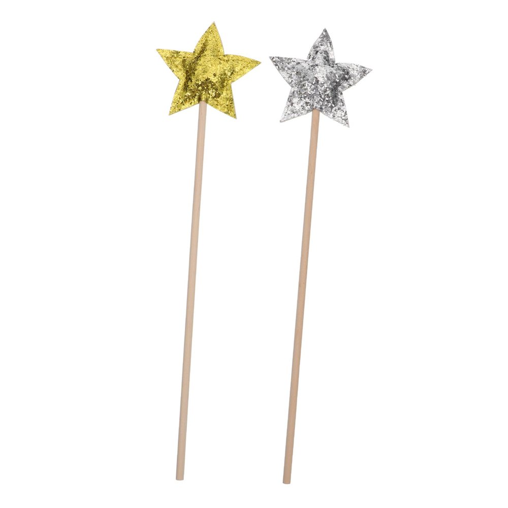COOLHIYA 2PCS Star Fairy Wand for Birthday Party Dress-up Lightweight Smooth Finish Stick Props for Pretend Play and Halloween Costumes Silver Gold