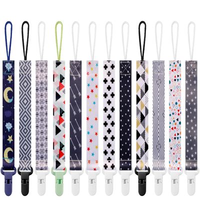 12 Pack Pacifier Clips with Short Strap(25.5cm) - Premium Polyester Baby Pacifier Holder Set, Multi-Design Clips for Boys Girls (Multicolor E 25.5cm)