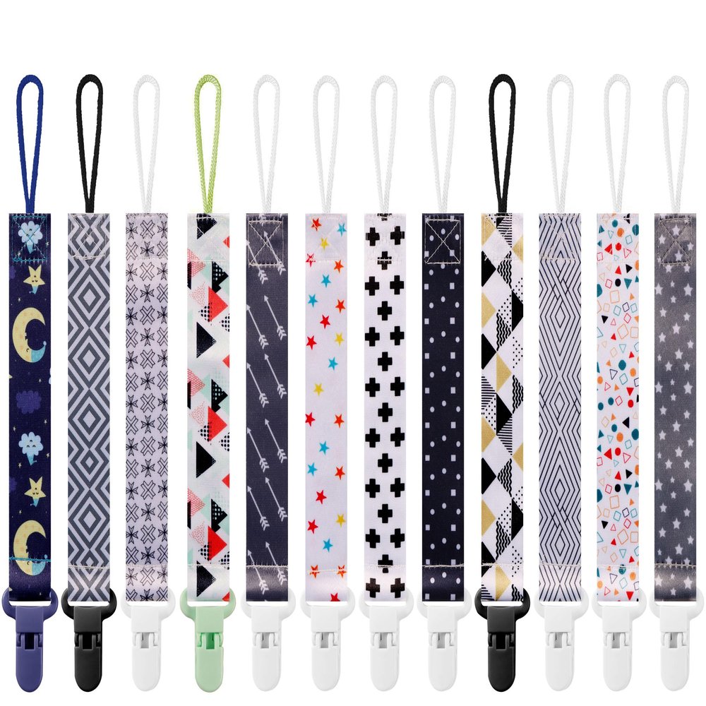 12 Pack Pacifier Clips with Short Strap(25.5cm) - Premium Polyester Baby Pacifier Holder Set, Multi-Design Clips for Boys Girls (Multicolor E 25.5cm)