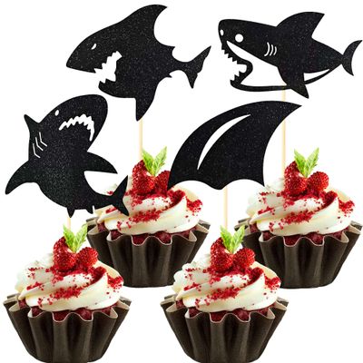 12Pcs Shark Cupcake Toppers Black Glitter Shark Fin Cupcake Picks for Ocean Animal Theme Birthday Party Baby Shower Cupcake Decoration Supplies
