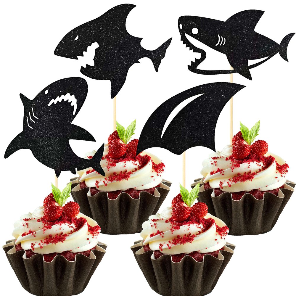 12Pcs Shark Cupcake Toppers  Black Glitter Shark Fin Cupcake Picks for Ocean Animal Theme Birthday Party Baby Shower Cupcake Decoration Supplies
