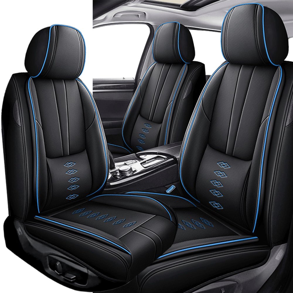 VIUDMEK Front Set Leather Seat Covers for Chevy Spark EV 2014-2016,Waterproof Full Wrapping Edge Car Seat Covers,Ergonomic Lumbar Support Car Seat Cover,Auto Interior(Black Blue,2PCS)