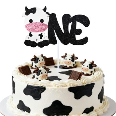 1Pc Black Cow One Cake Topper - Glitter Farm Animals First Birthday Cake Decoration for Cow Theme 1st Birthday Baby Shower Party Cake Decor