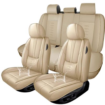 VIUDMEK Full Set Leather Seat Covers for VW Jetta SportWagen 2009-2014,Waterproof Full Wrapping Edge Car Seat Covers,Ergonomic Lumbar Support Car Seat Cover,Auto Interior(Beige,5PCS)