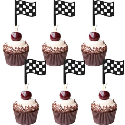 12 Pcs Race Flag Cupcake Toppers - Black Glitter Checkered Flag Cupcake Decorations for Race Car Theme Party Birthday Party Cake Decorations Supplies