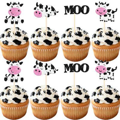 12 Pcs Cow Theme Cupcake Toppers Glitter Farm Animal Moo Cupcake Picks for Baby Shower Gender Reveal Kids Birthday Party Cake Decorations