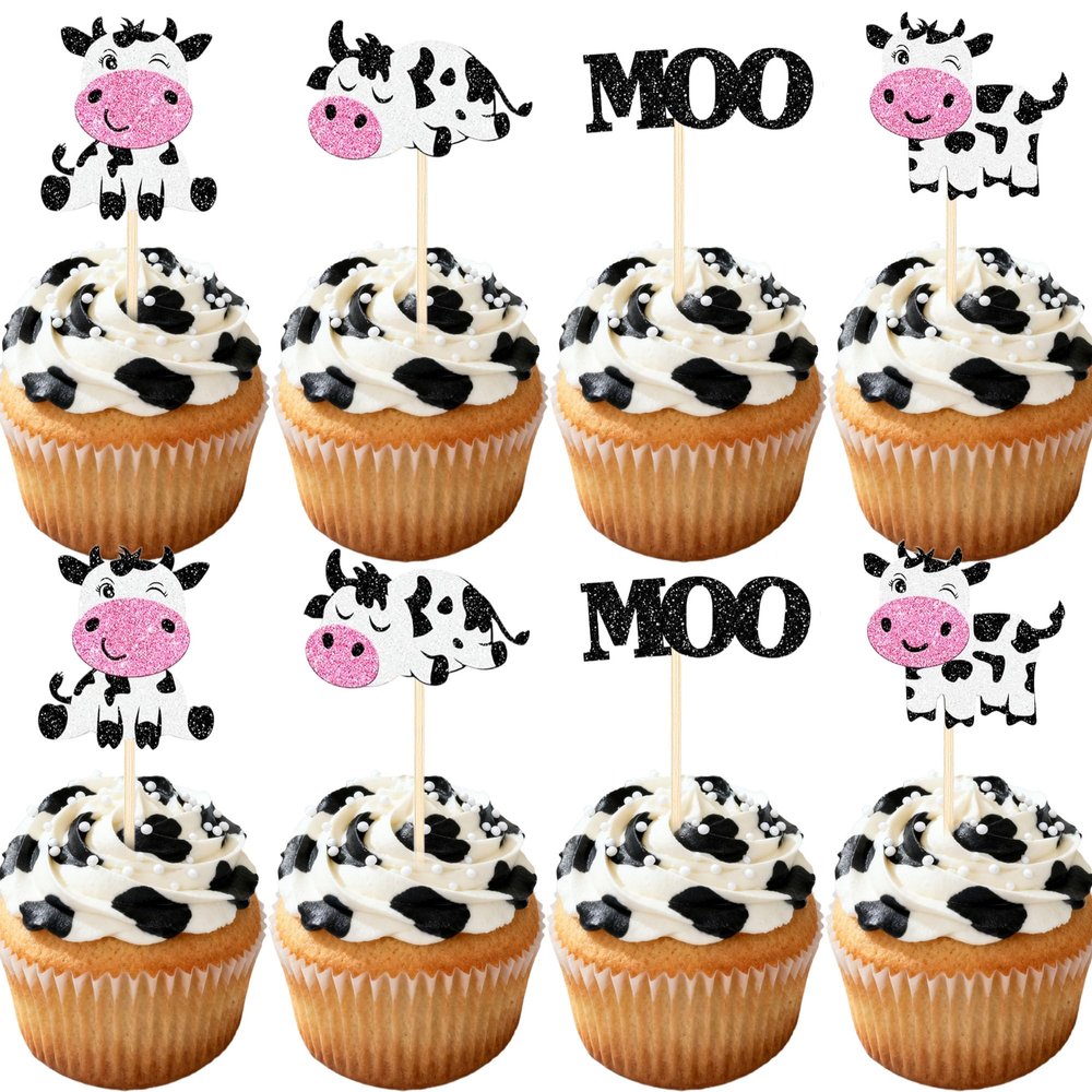 12 Pcs Cow Theme Cupcake Toppers Glitter Farm Animal Moo Cupcake Picks for Baby Shower Gender Reveal Kids Birthday Party Cake Decorations