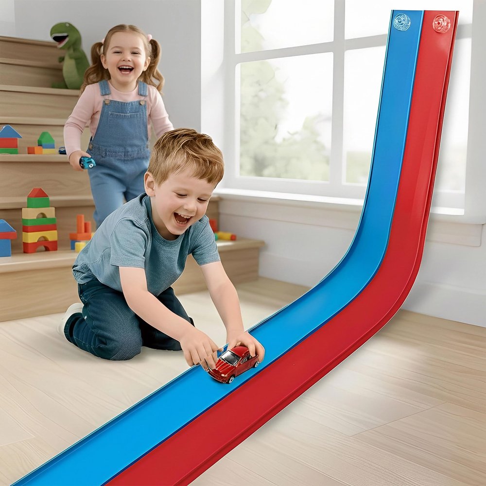 15 Ft Flexible Race Track for Kids 3+, Certified Safe Flex Race Car Ramp with Two 1/64 Diecast Cars  Starter Set, Portable Roll-Up Racetrack with Strong Suction Cups, Great Gift for Boys Girls
