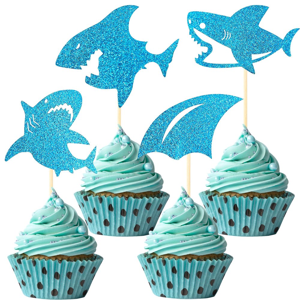 12Pcs Shark Cupcake Toppers Blue Glitter Shark Fin Cupcake Picks for Ocean Animal Theme Birthday Party Baby Shower Cupcake Decoration Supplies