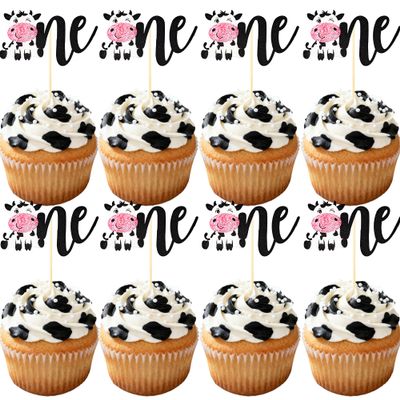 12Pcs Cow One Cupcake Toppers - Black Glitter Farm Animals First Birthday Cupcake Decorations for Cow Theme 1st Birthday Baby Shower Party Cake Decor