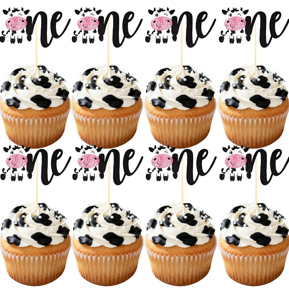 12Pcs Cow One Cupcake Toppers - Black Glitter Farm Animals First Birthday Cupcake Decorations for Cow Theme 1st Birthday Baby Shower Party Cake Decor