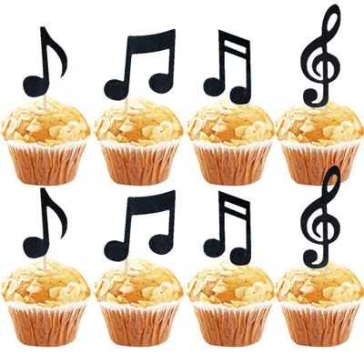 12Pcs Black Music Cupcake Toppers - Glitter Note Cupcake Decorations for Music Theme Party Birthday Party Cake Decoration Supplies