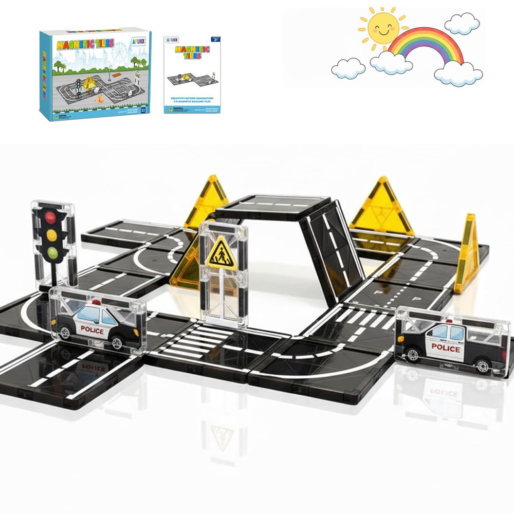 AFUNX Magnetic Tiles Road Expansion Set, STEM Magnetic Building Blocks for Kids Ages 3-5 4-8 5-7, STEM Learning Toys, Safe & Durable Creative Construction Play, Gift for Boys & Girl
