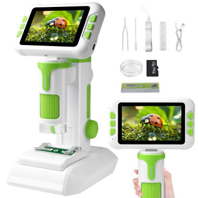 1600X Digital Microscope for Kids, 4" IPS Screen Handheld & Desktop 3-in-1 Microscope with 32GB Memory Card, 6 Adjustable LEDs, Educational STEM Science Toy for Ages 8-12