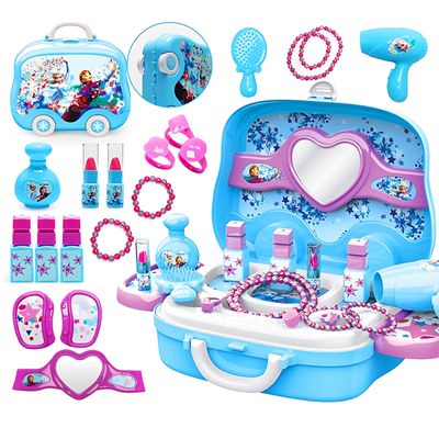 Disne Frozen Girls Makeup Role-Playing Set: 3-in-1 Beauty Luggage with Fashion Accessories, Made of Safe ABS Material, Princess Role-Playing Toy for Girls, Birthday Gifts (Blue)