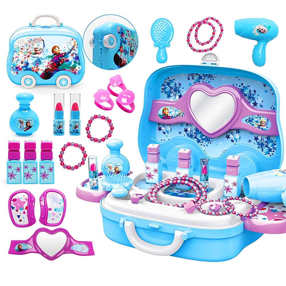 Disne Frozen Girls Makeup Role-Playing Set: 3-in-1 Beauty Luggage with Fashion Accessories, Made of Safe ABS Material, Princess Role-Playing Toy for Girls, Birthday Gifts (Blue)
