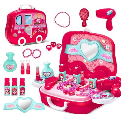 Disne Frozen Girls Makeup Role-Playing Set: 3-in-1 Beauty Luggage with Fashion Accessories, Made of Safe ABS Material, Princess Role-Playing Toy for Girls, Birthday Gifts (Red)