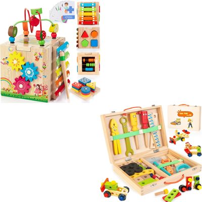 Bravmate Wooden Activity Cube and Kids Tool Set