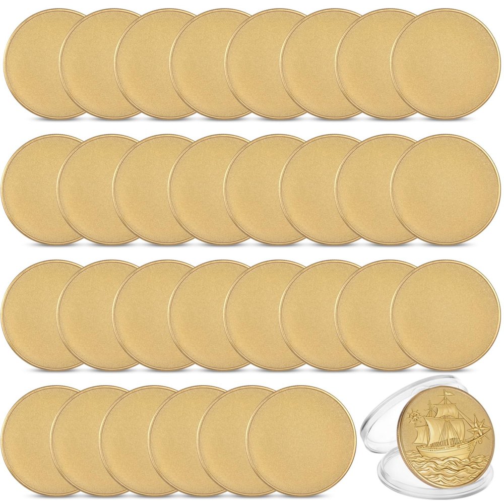 30 Pcs Blank Challenge Coins, 1.57" Metal Engraving Coins with Threaded Edge & Acrylic Protection Box, Gold Tone DIY Craft Coins, Commemorative Collection Supplies