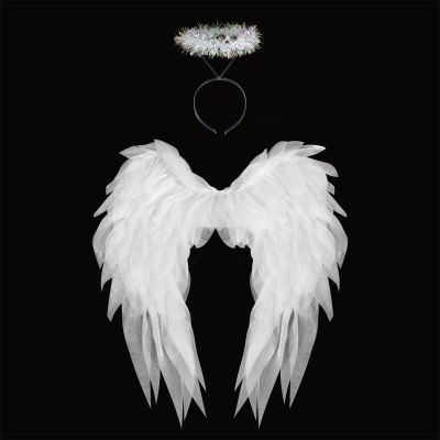 3D Angel Wings Halo Headband Set,Realistic Fairy Wings Halo Fancy Dress for Halloween Carnival Costume Party (White)