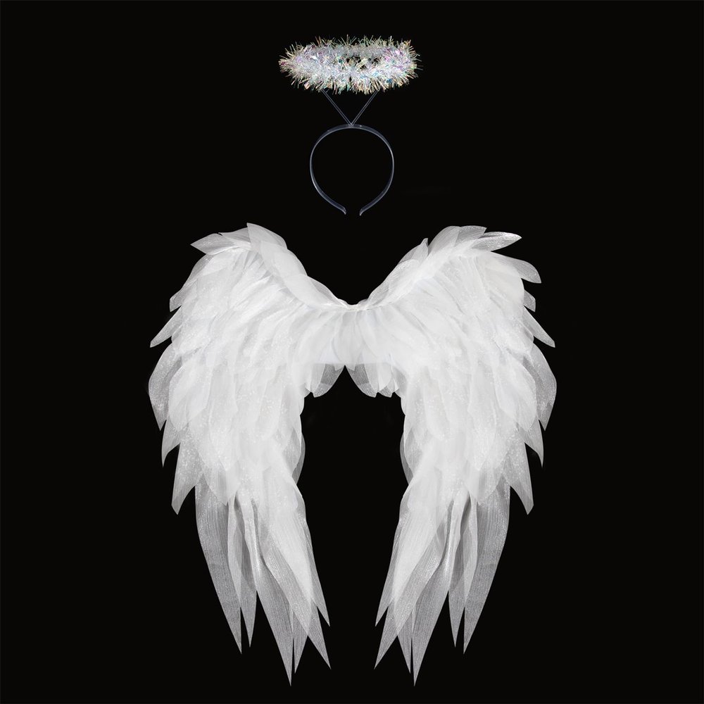 3D Angel Wings Halo Headband Set,Realistic Fairy Wings Halo Fancy Dress for Halloween Carnival Costume Party (White)