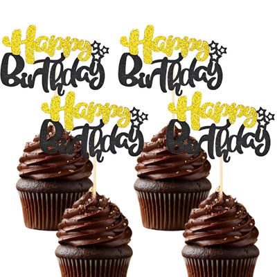 12Pc Happy Birthday Cupake Toppers, Elegant Cupcake Decorations Black and Gold Glitter with Stars Cupake Toppers for Birthdays, Baby Showers & Anniversaries Cupake Decorations Supplies