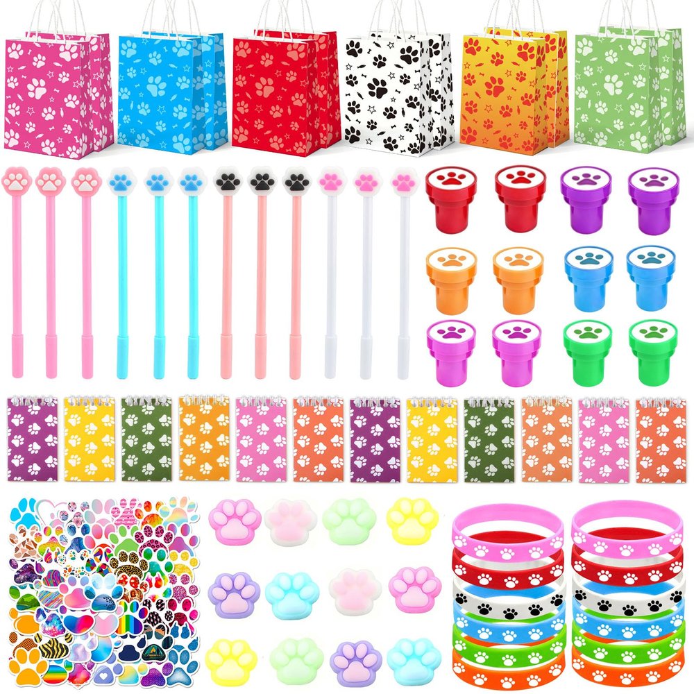 122 Pcs Paw Print Party Favors, Blue Puppy Theme Birthday Decorations for Girl with Orange Blue Dog Paw Goodie Bags Stuffers Stickers Mochi Squishy Toys Pen Notebook, Back to School Gifts for Kids